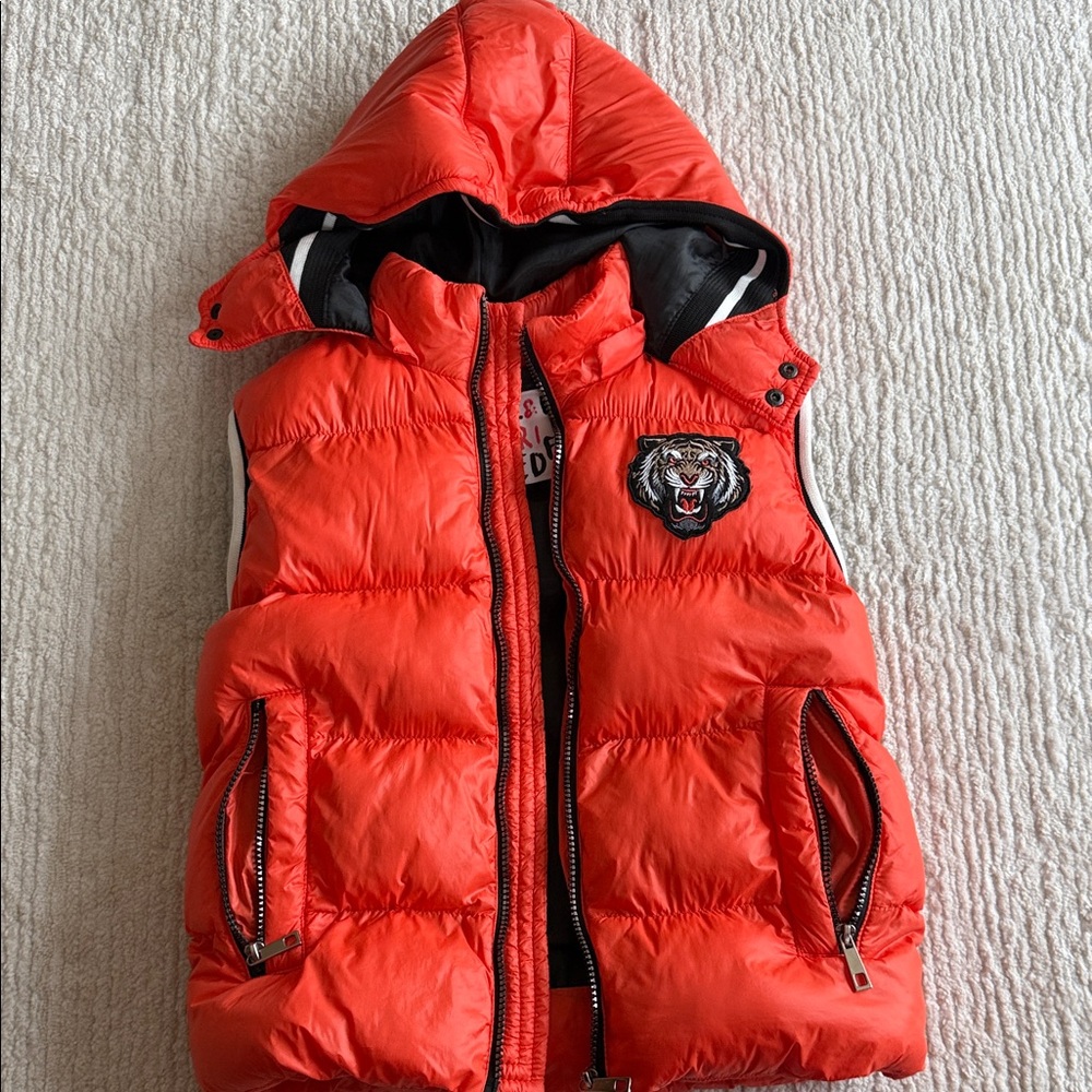 Orange Hooded Puffer Vest with Tiger Patch